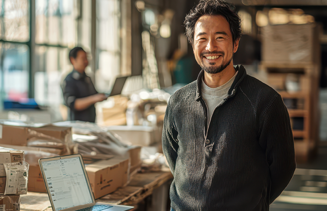 Business owner standing by laptop and smiling