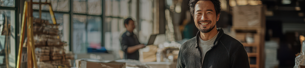 Business Owner smiling in foyer of workspace