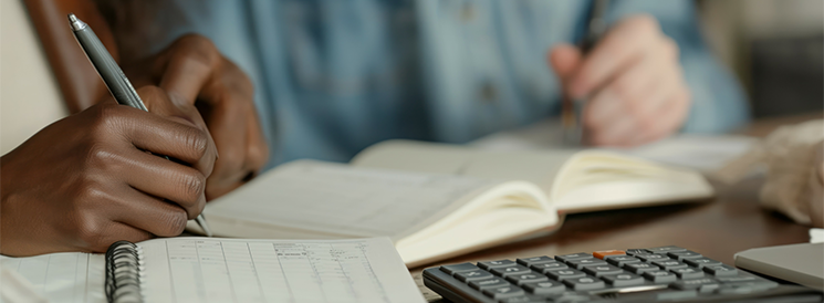 Two people writing financial resolutions for new year in notebook