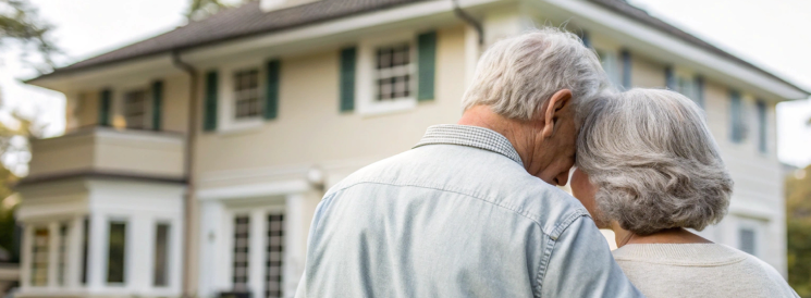 Retired couple embracing outside home