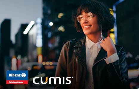 Woman with glasses travelling with peace of mind with CUMIS Allianz Travel Insurance 